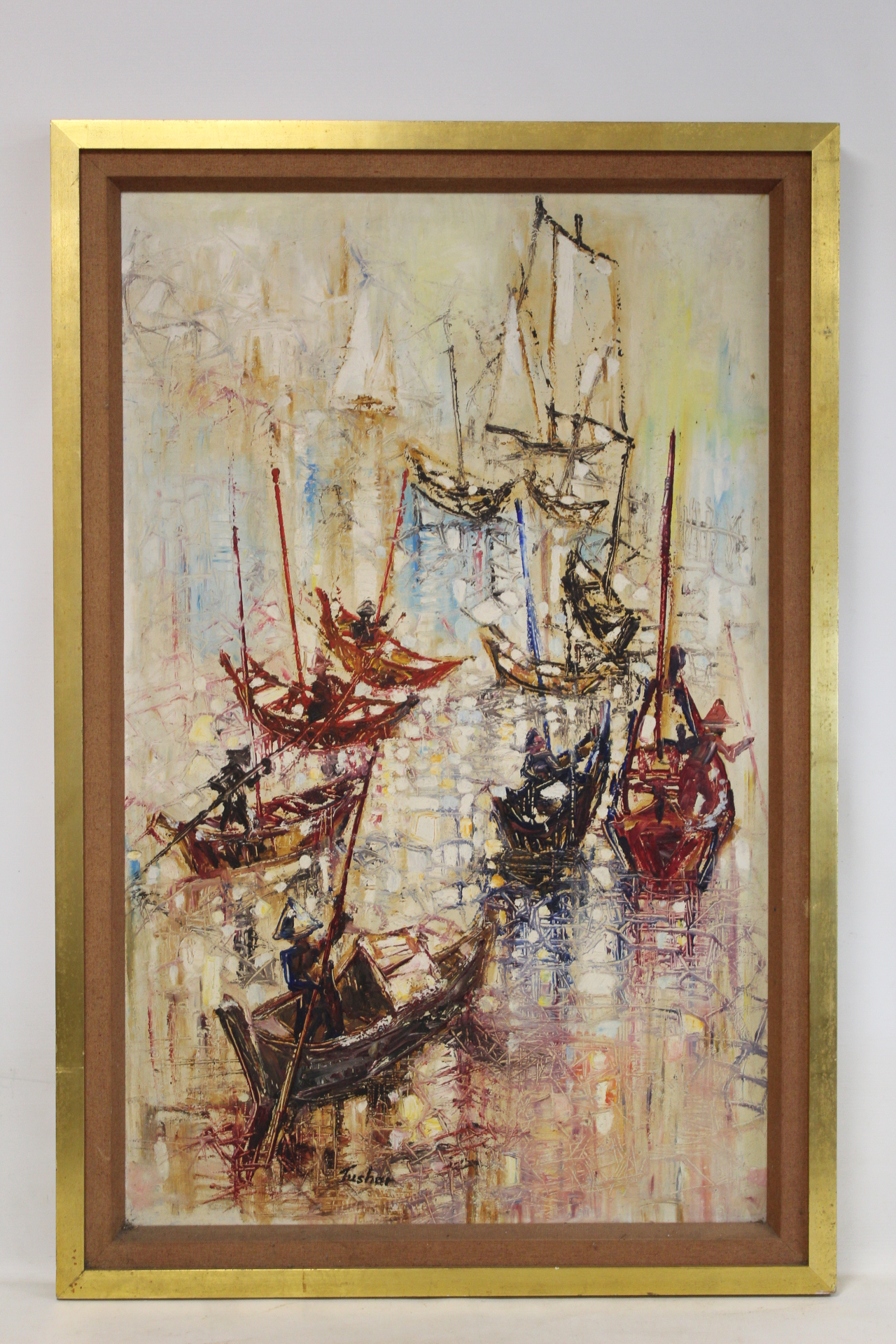 TUSHAR (20TH CENTURY MODERNIST SCHOOL).Chinese river boats.Oil on board.94cm x 59cm.Signed.