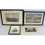 18th century hand coloured engraving of Westminster Bridge, 26cm x 40cm and three other colour