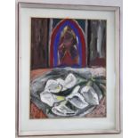 20TH CENTURY BRITISH SCHOOL.Arum lilies before a shrine.Gouache.69cm x 54cm.