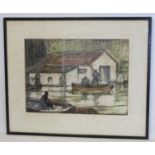 JOHN R BARELEY ?Rowing boats by a Boathouse.Watercolour washes over charcoal.34cm x 47cm.Signed in