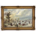 19TH CENTURY SCHOOL.Frozen river scene with figures skating after Hendrick Avercamp.Oil on canvas.