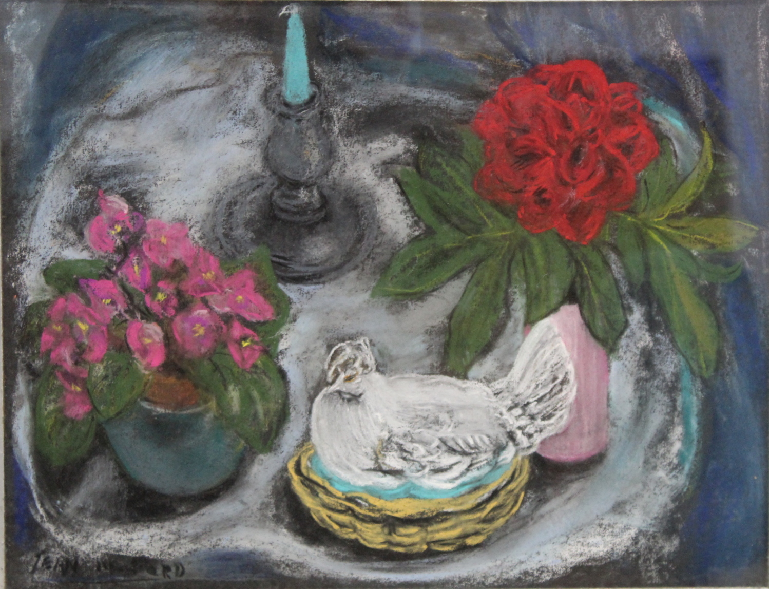 JEAN M. FORD (20TH CENTURY SCOTTISH SCHOOL).Still life with flowers, hen on a basket and - Image 2 of 4