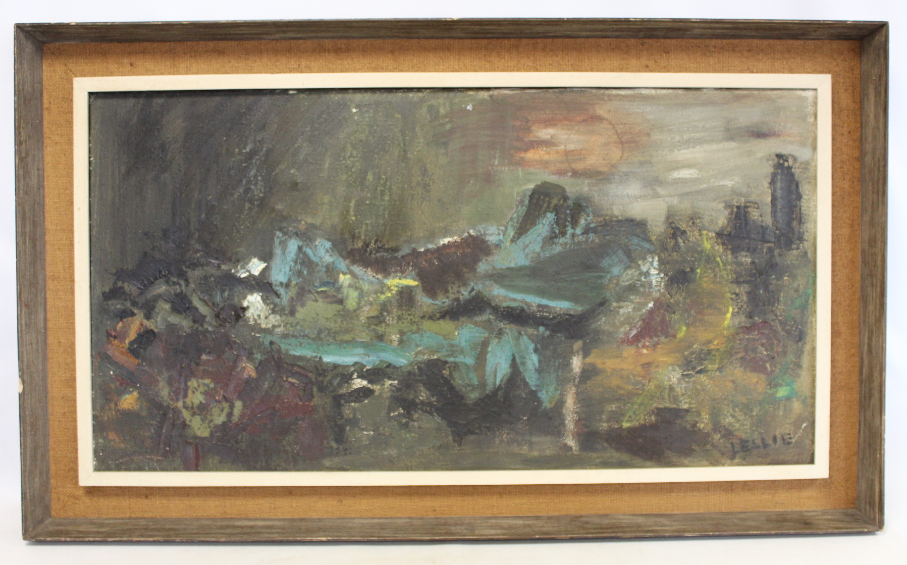 LESLIE (MID 20TH CENTURY BRITISH SCHOOL).Abstract landscape.Oil on canvas.50cm x 95.5cm. Signed.