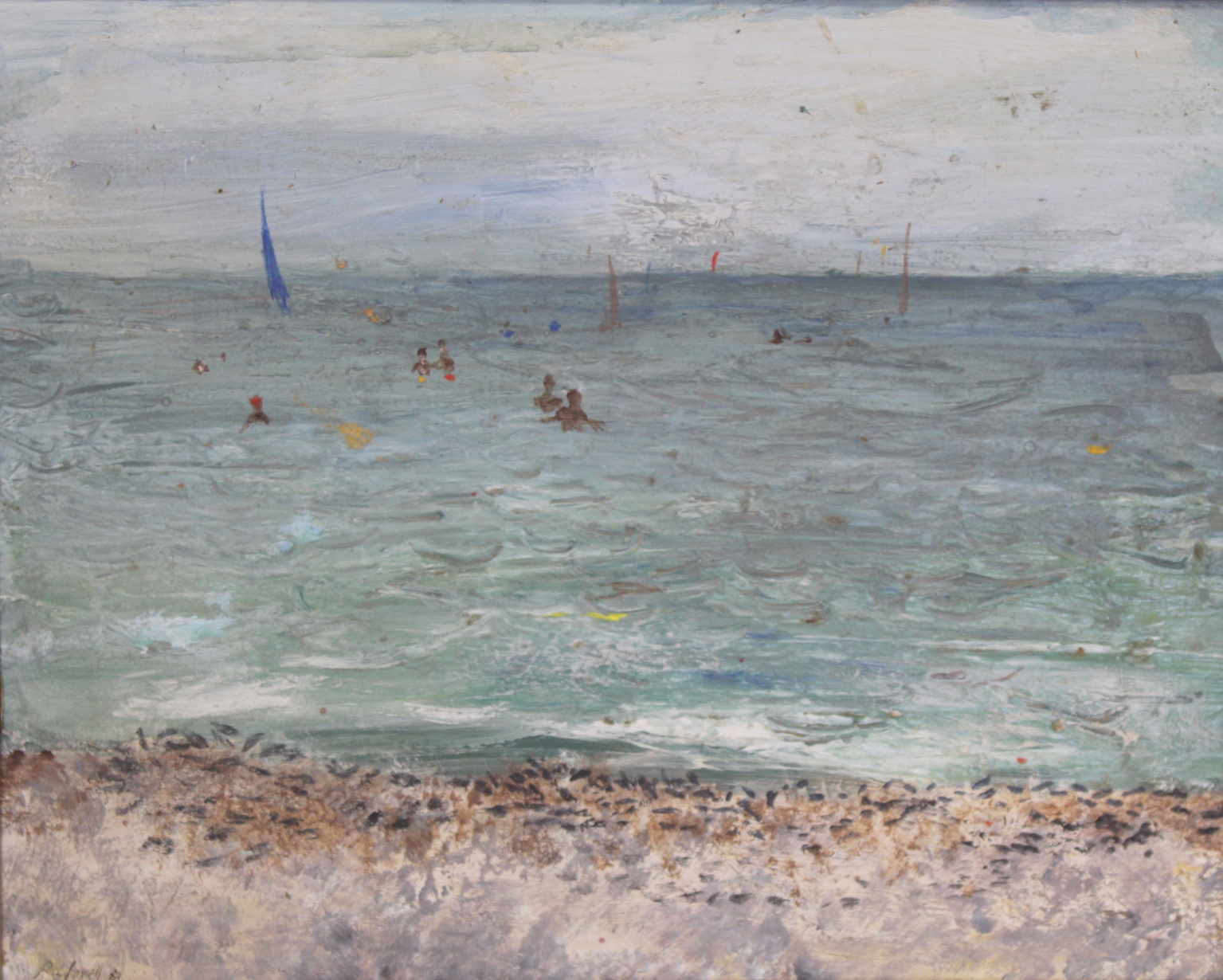 RAE LOVELL, 20TH CENTURY SCHOOL.Bathers at Nice, Promenade des Anglais.Oil on board.39.5cm x 49cm. - Image 2 of 4