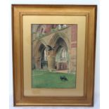 J. B. DICKINSON.Jackdaws in a ruined abbey.Watercolour.40cm x 27cm.Signed, dated 1906.