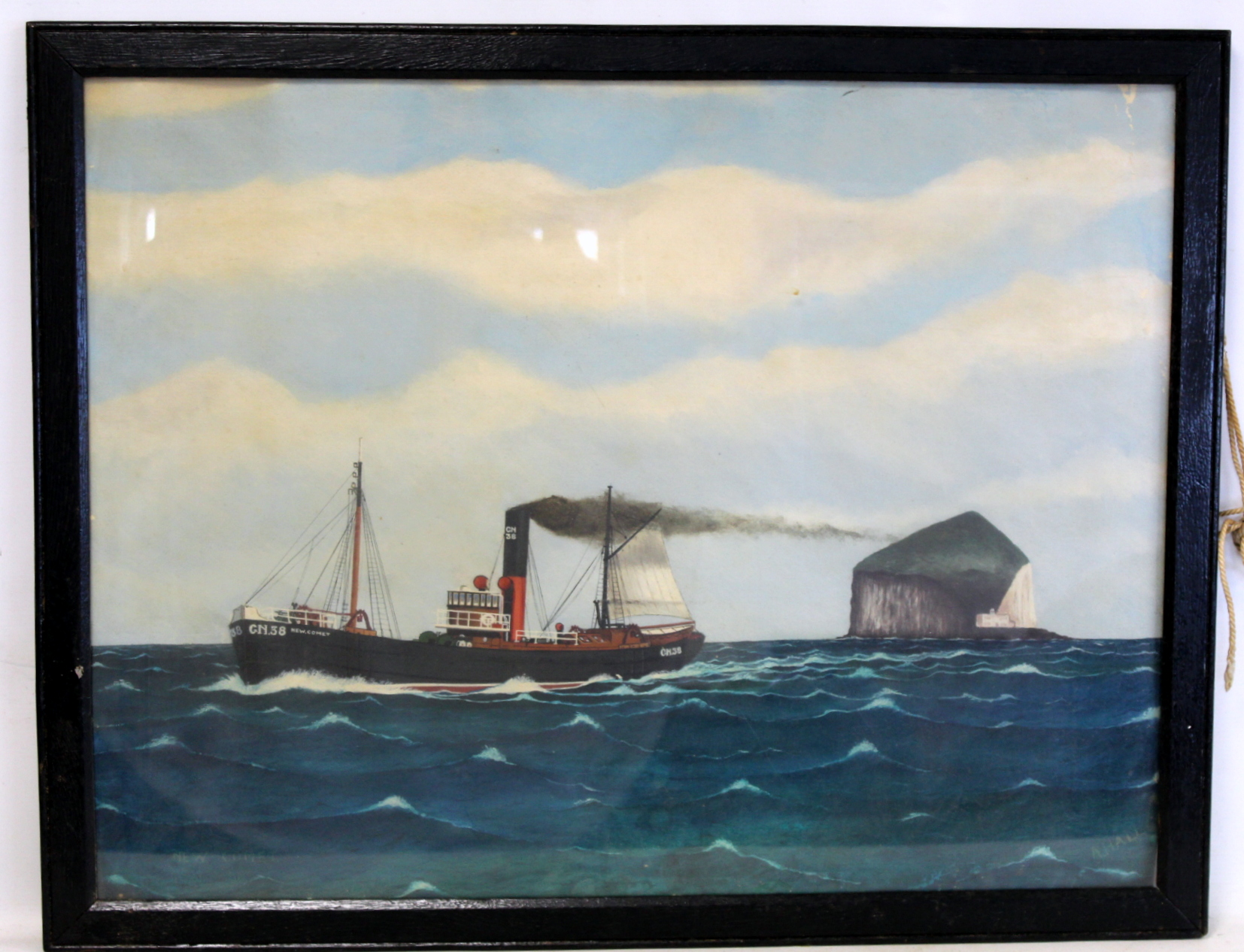 A HALL (2OTH CENTURY NAIVE SCHOOL)."New Comet" - a puffer rounding the Bass Rock.Oil on canvas