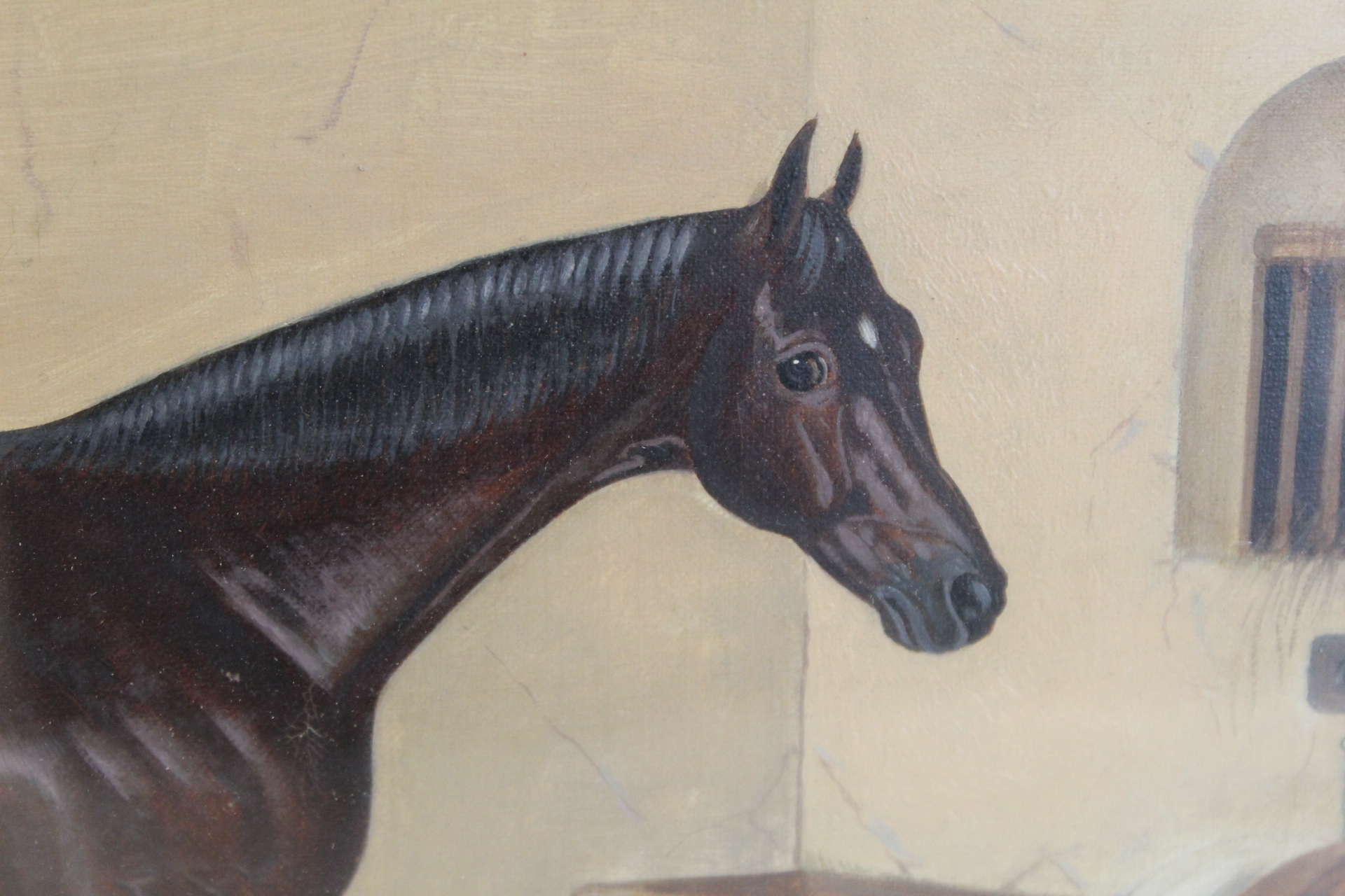 LATE 19TH/EARLY 20TH CENTURY ENGLISH SCHOOL."Pretender" - portrait of a racehorse in a stable.Oil on - Image 4 of 5