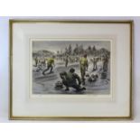 Henry Wilkinson (1921-2011) - coloured etching of a curling tournament, 30cm x 42cm, signed and