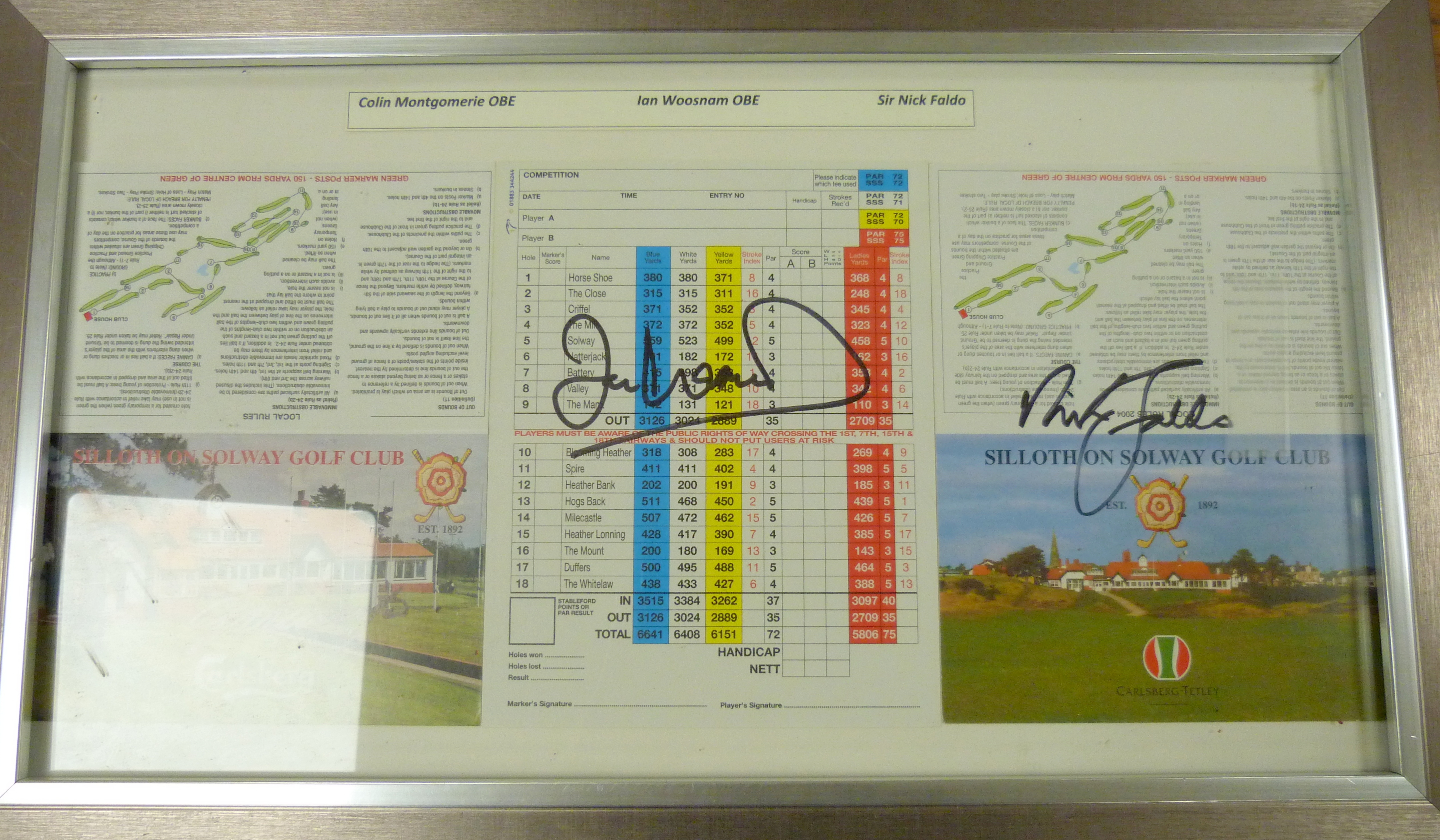 Golf Autographs.  Silloth on Solway golf club score card with autographs of Montgomerie, Woosnam &