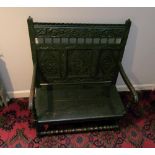 19th century carved oak solid seat settle, 100cm wide.