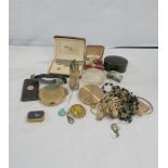 Collection of costume jewellery, watches, compacts, beads, otters foot silver mounted brooch etc