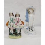 Small Staffordshire pottery figure of two girls 15cm and a Continental porcelain figure "Mama"