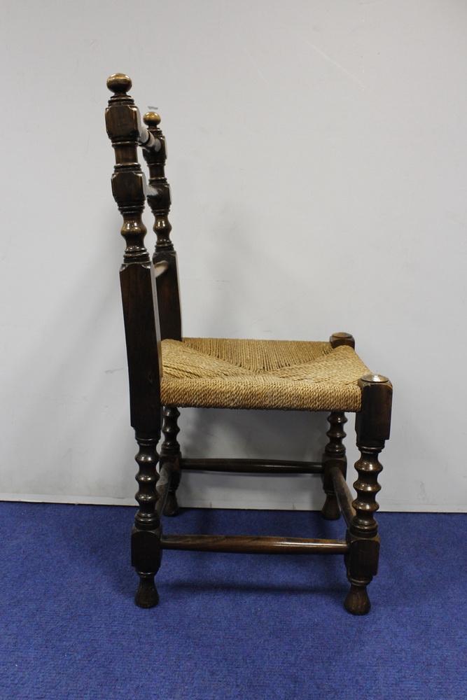 Antique elm bobbin turned child's chair, with rushwork seat - Image 4 of 6