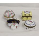 Four Continental porcelain boxes of various forms, each with floral decoration