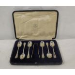 Set of six silver teaspoon and tongs, Sheffield 1893, Walker and Hall,  cased