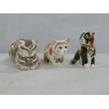 Three Royal Crown Derby paperweights, Recumbent cat, (silver button) 6cm, Calico Kitten and Spice (