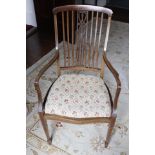 Edwardian mahogany elbow chair with inlaid stringing, high splat back and square tapered supports