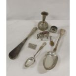 Georgian silver tablespoon, a white metal embossed Eastern small vase, a similar salt, a silver