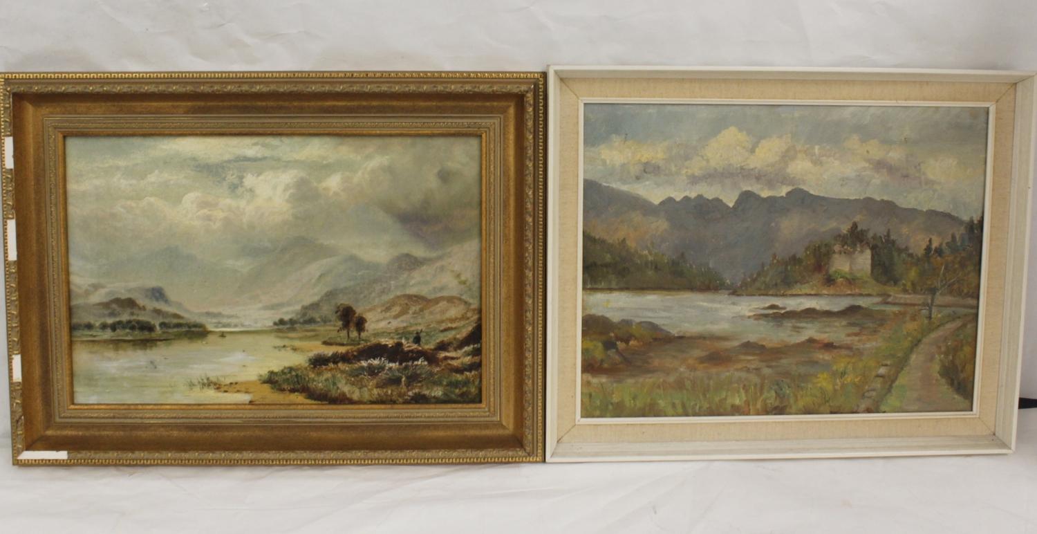 20th century British School.Castle by a Loch.Oil on canvas, 34cm x 44cm.and another Lake scene. 28cm