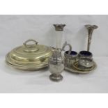 Pair of epns oval entree dishes, claret jug with epns mounts, silver trumpet vase a/f, another