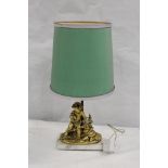 Composite table lamp in the form of cherub on marble plinth base,
