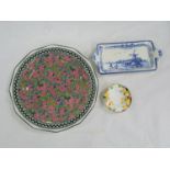 Royal Doulton large floral decorated, plate D4360, Doulton blue and white sandwich dish and a