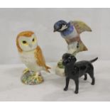 Three Beswick figures, Barn owl, Chickadee & a black labrador (3)