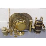 Various items of brass ware to include table gong, decorative wall plates, vases etc; also a
