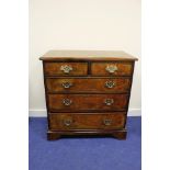 Good small reproduction walnut chest of two short and three long drawers on bracket feet, 76cm wide.