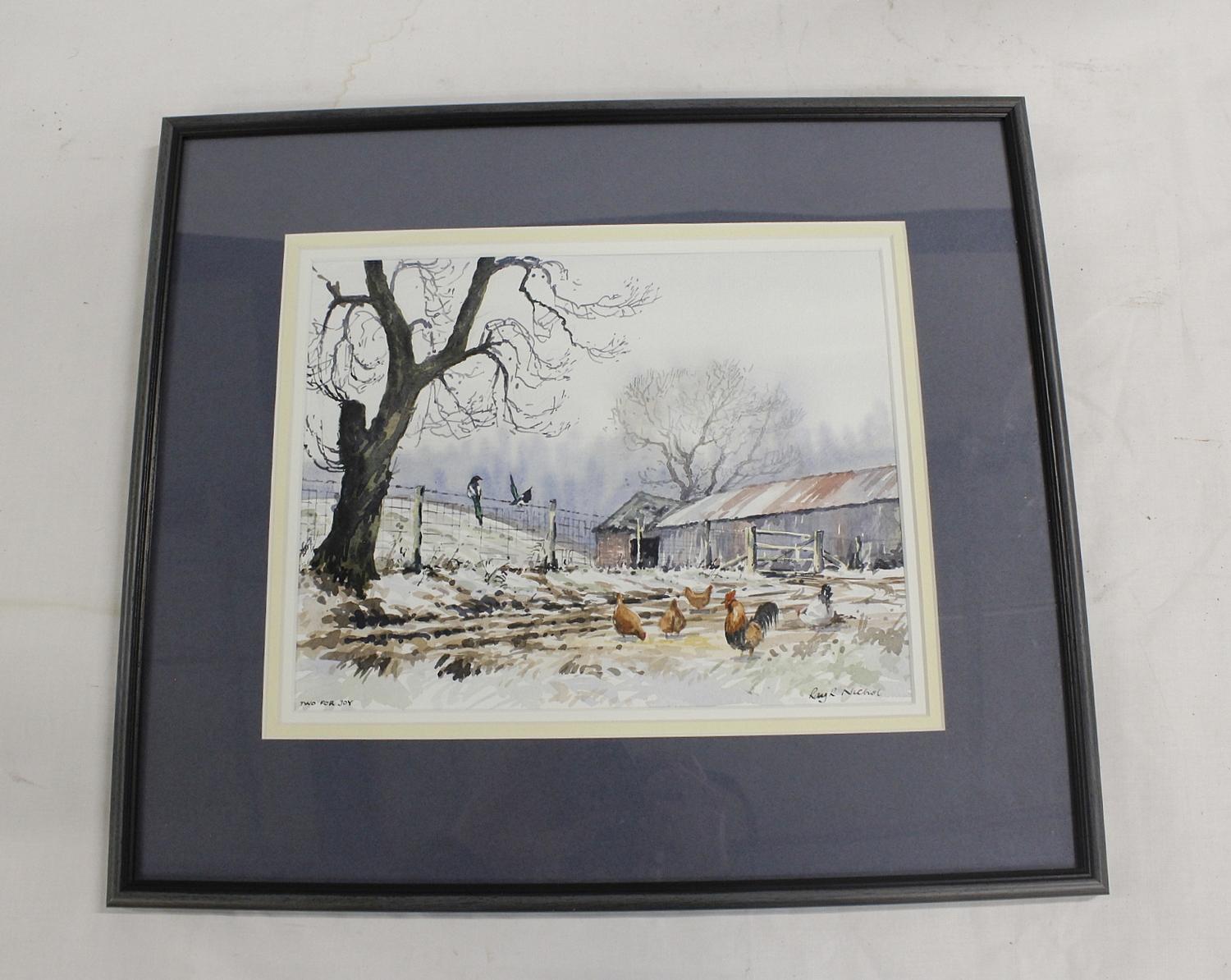 Ray R. Nicol.Two For Joy, farmyard scene.Signed and inscribed with title, watercolour 23cm x 29cm.