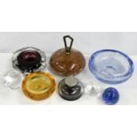 Marble paperweight or small door stop with brass handle, 15cm, three glass paperweights and an