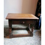Reproduction oak joint stool coffee table with frieze drawer.