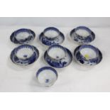 Seven late 18th century blue and white tea bowls and six matching saucers, "Nankin Willow"