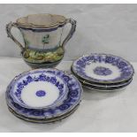 Collection of flow blue and other plates and a Continental twin handled vase,