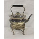 19th century e.p. spirit kettle on stand, half fluted body raised on pad feet