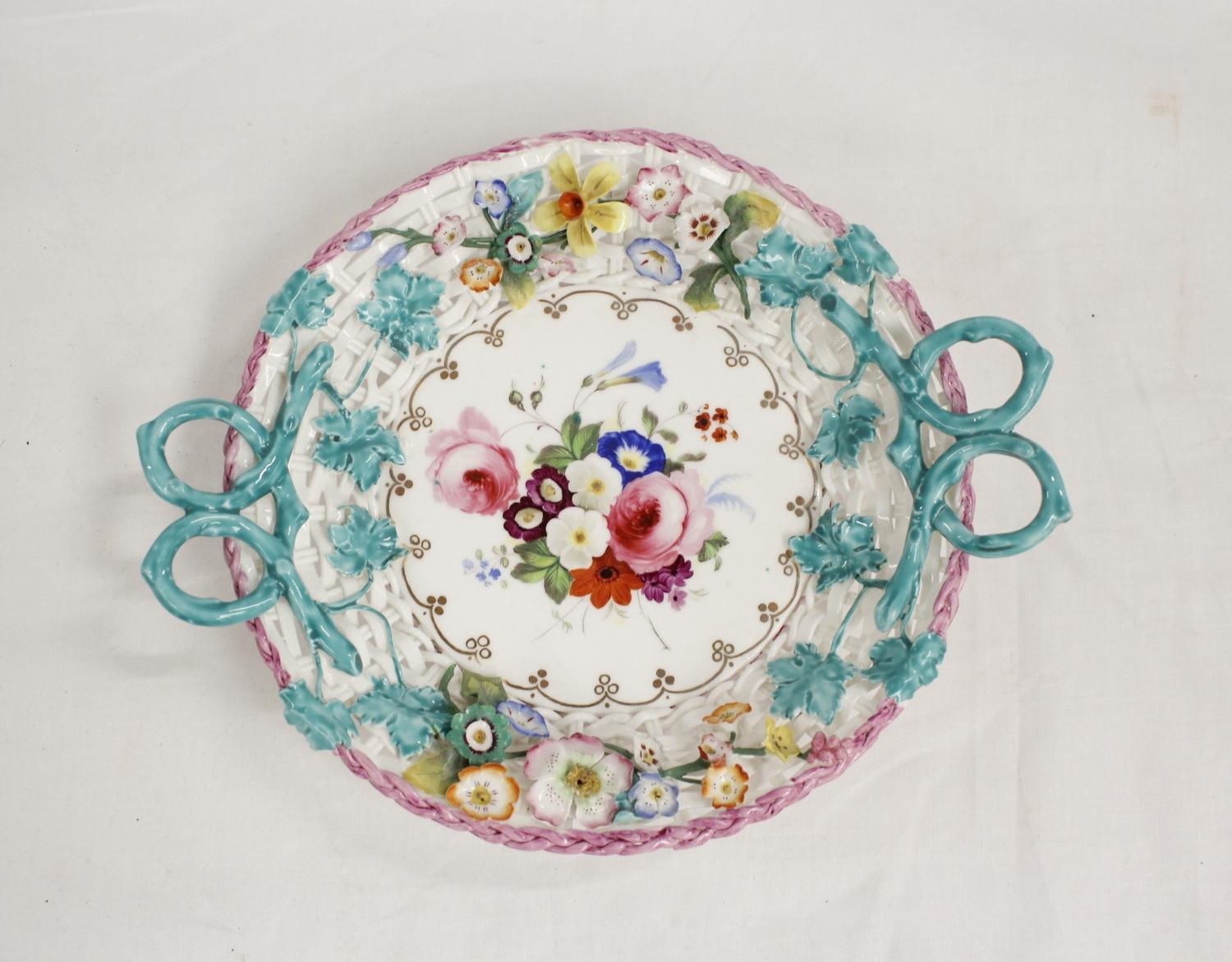 Early 19th century Coalbrookdale style English porcelain floral encrusted sweetmeat basket with