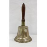 Large brass hand bell, turned mahogany handle. 31cm