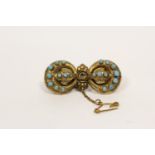Victorian 9ct gold double crescent brooch with turquoise