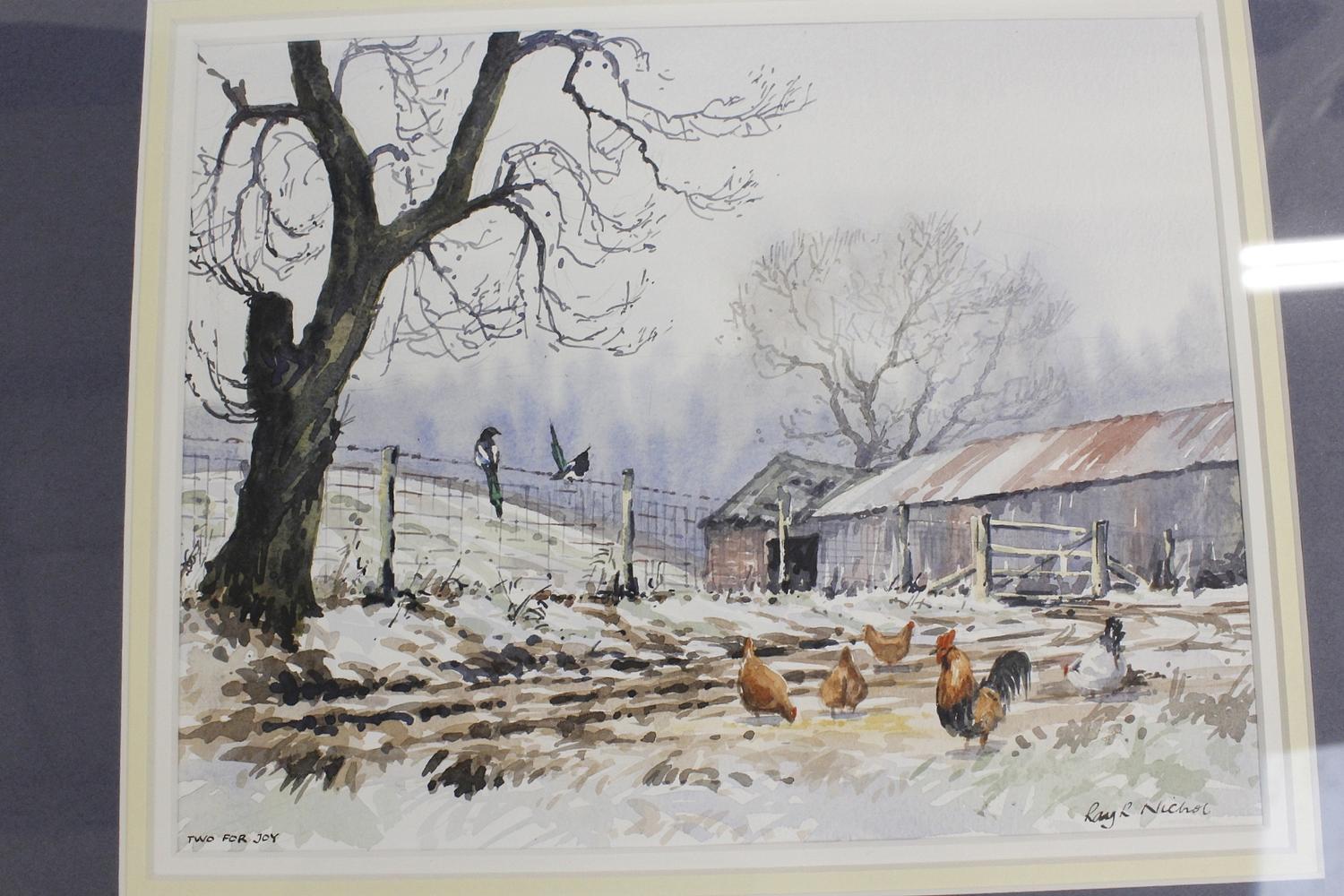 Ray R. Nicol.Two For Joy, farmyard scene.Signed and inscribed with title, watercolour 23cm x 29cm. - Image 2 of 3