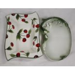 Continental porcelain tray decorated with lily of the valley; also a pottery bowl with cherries