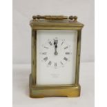 Brass carriage clock, C Chambers, Colchester, white enamel dial, roman numerals. 14cm