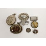 Two gate brooches and four others, a locket and a dime 1886, all silver