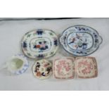 Masons Mandalay pattern candlestick, three Floris Ironstone square bowls, Victorian moulded jug