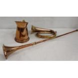 Copper bugle, copper hunting horn and a copper jug (3)