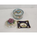 Limoges porcelain ink well decorated with putti, small pin tray and a floral encrusted trinket