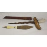 Antique Indonesian Kris sword with hatched ivory handle in wooden hardwood scabbard and another