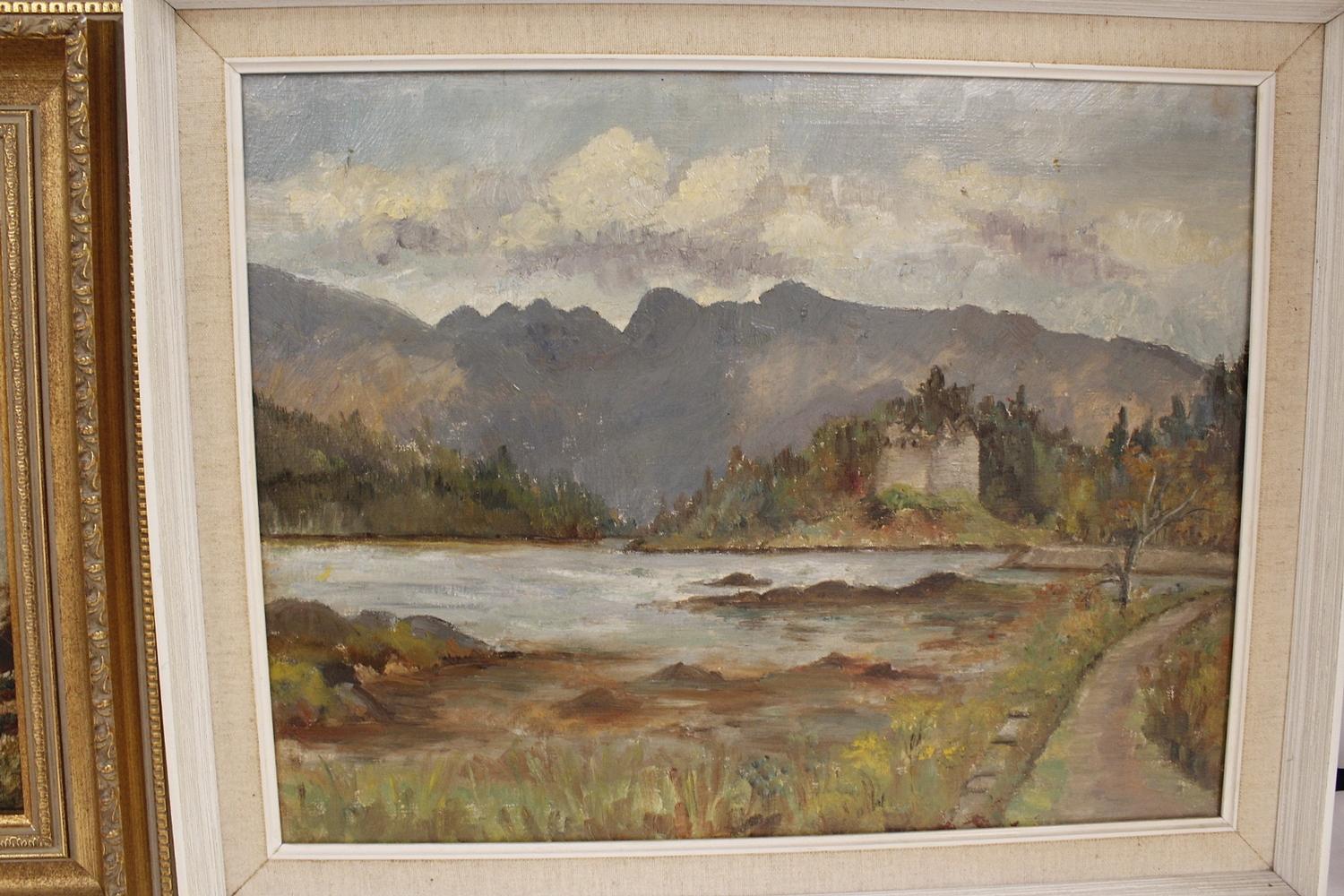 20th century British School.Castle by a Loch.Oil on canvas, 34cm x 44cm.and another Lake scene. 28cm - Image 3 of 5