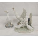 Two Lladro porcelain figures of geese and a Nao figure group of geese. Largest 14 cm. (3)
