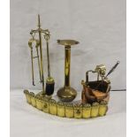 Brass fire front, a brass companion set, a small copper coal bucket, a brass smokers stand etc