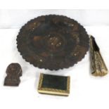Japanese black lacquer shallow bowl, lace and other  fans, carved treen pocket watch holder and a